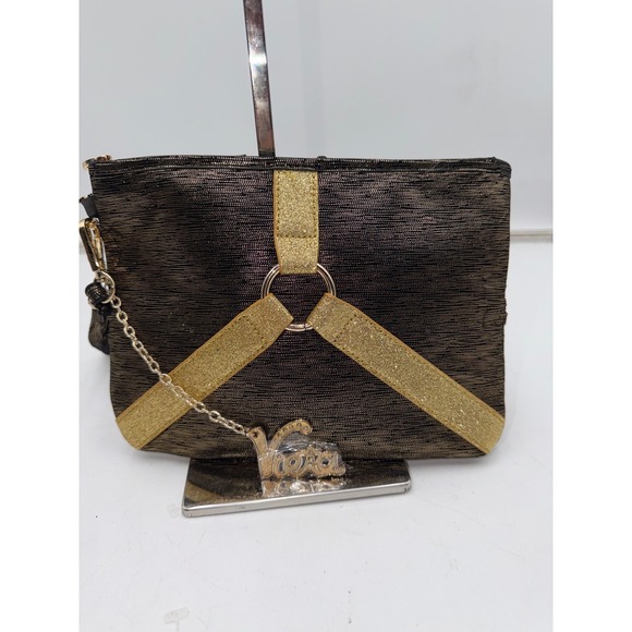 Vieta Handbags - Vieta Metallic Gold Black Shimmer Clutch Bag with Rhinestone Charm Wristlet
